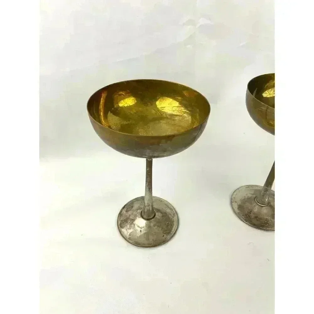 VTG Pair Leonard Silver‎ Toned Brass Tarnished Goblets Chalice